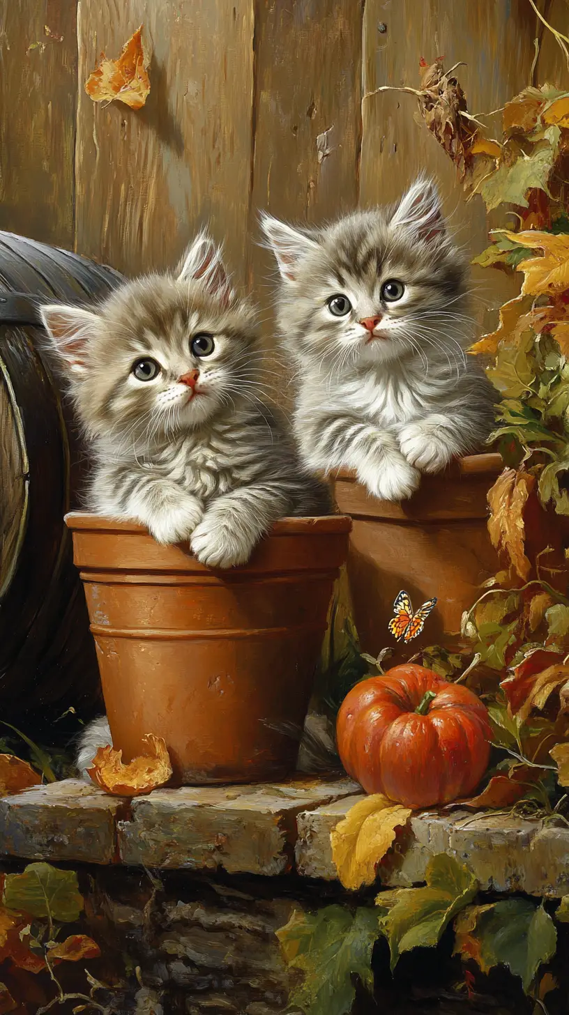 Cute gray kittens in flower pots with autumn pumpkins