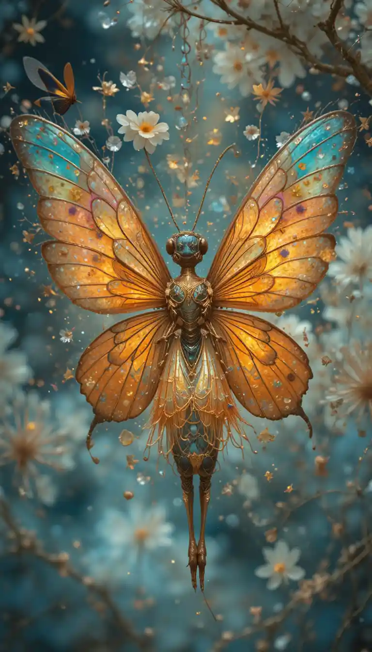 Verspielte Fantasy-Illustration einer bunten Libelle