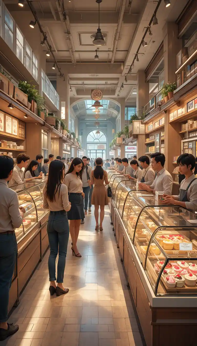 Crowded Mall Pastry Section With Families Admiring Desserts