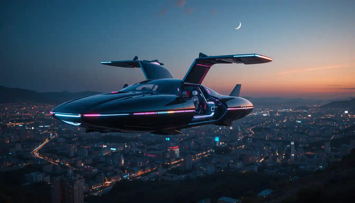 Futuristic UFO Car Hovering Above Neon Lit Cityscape