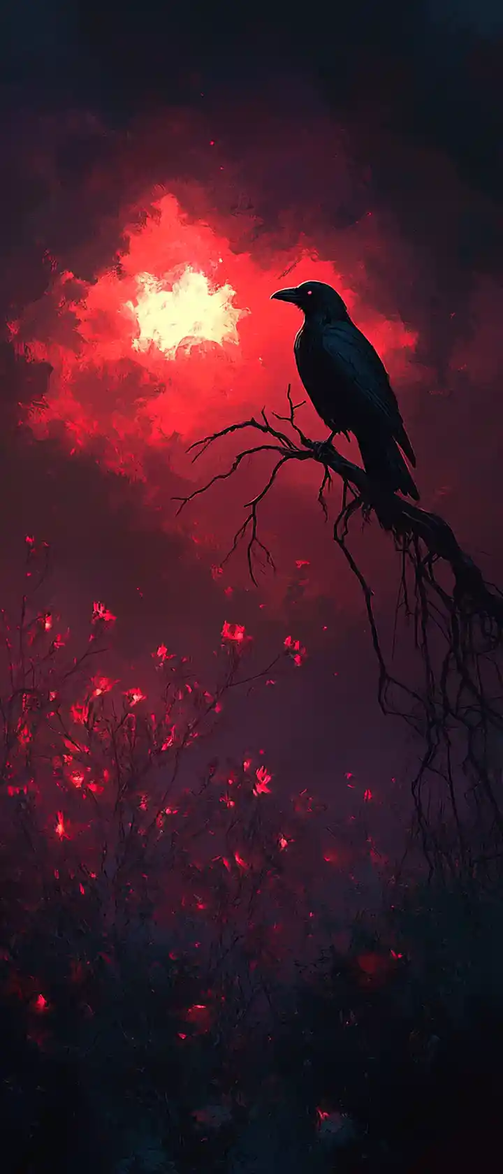 Raven On Ancient Tree Above Glowing Twilight Field