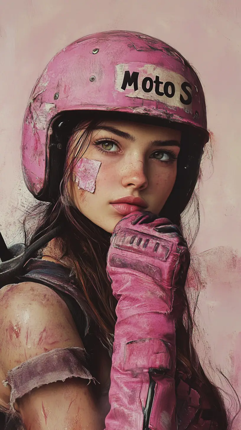 Defiant woman in pink helmet with dark fantasy attitude