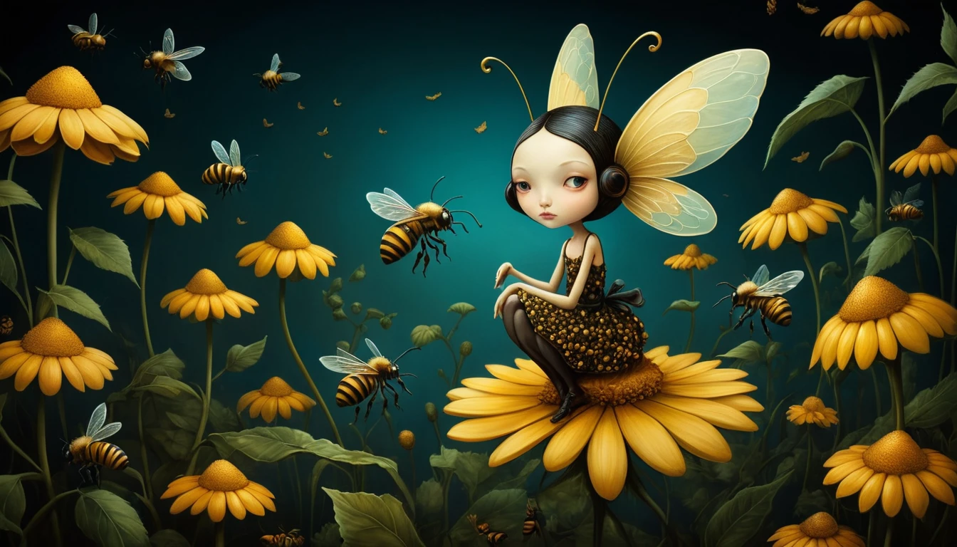 Abelhas lúdicas ilustradas em um estilo colorido e onírico