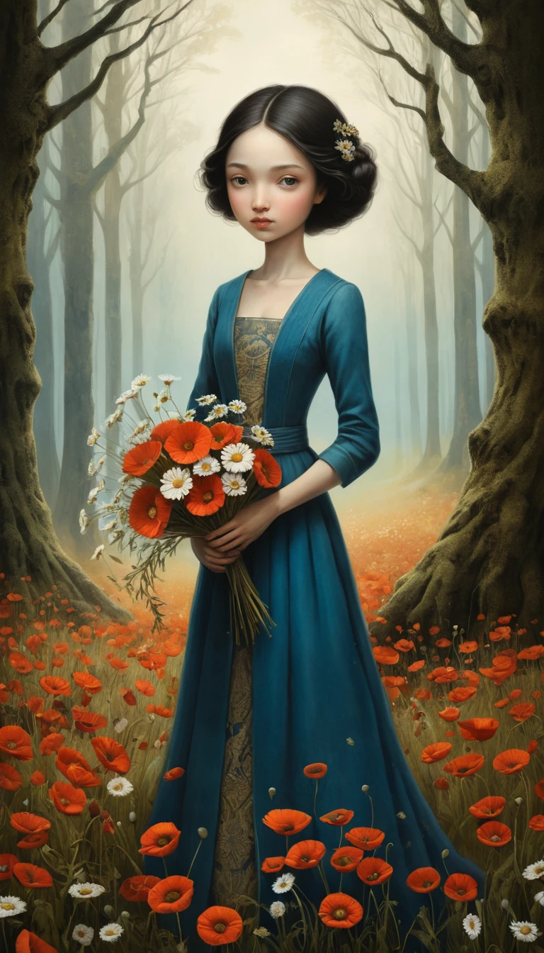 Jeune fille avec bouquet de fleurs sauvages dans un champ au crépuscule