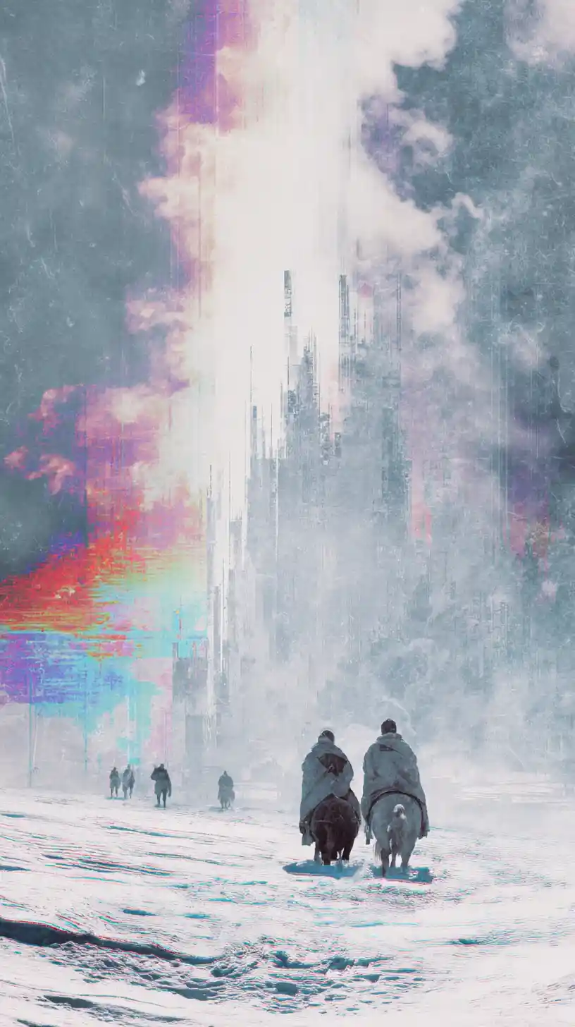 Surreal frozen stronghold with knights and ice creatures