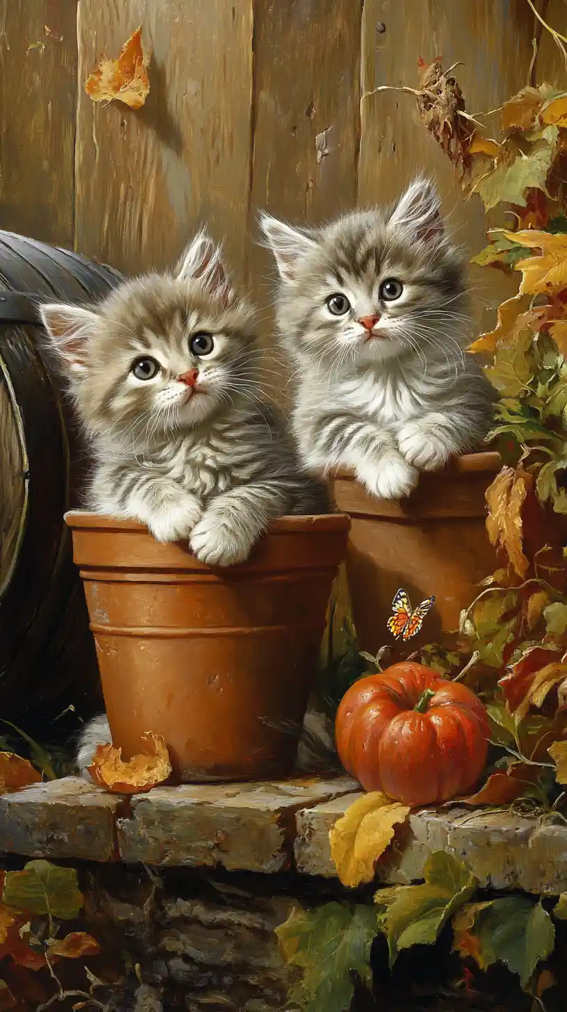 Cute gray kittens in flower pots with autumn pumpkins