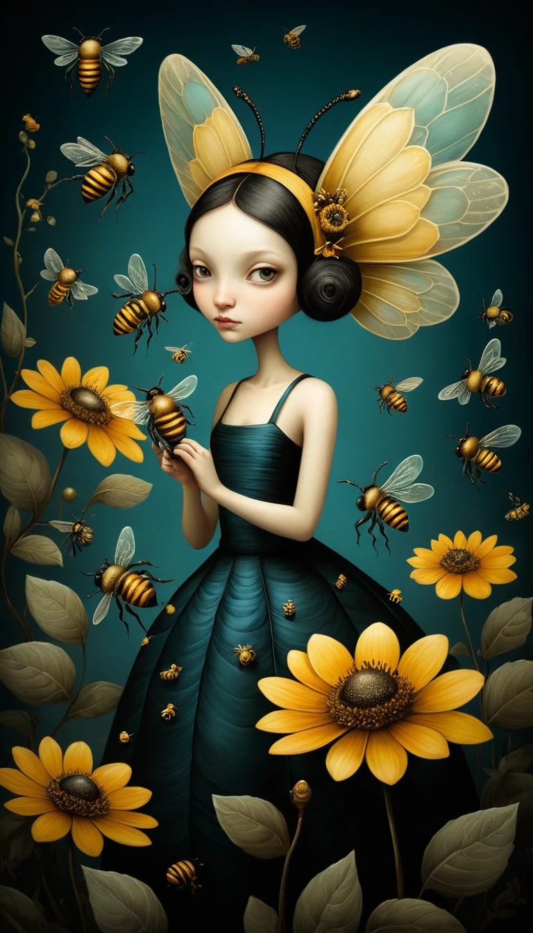 Ilustración fantasiosa de abejas en un estilo colorido y de ensueño