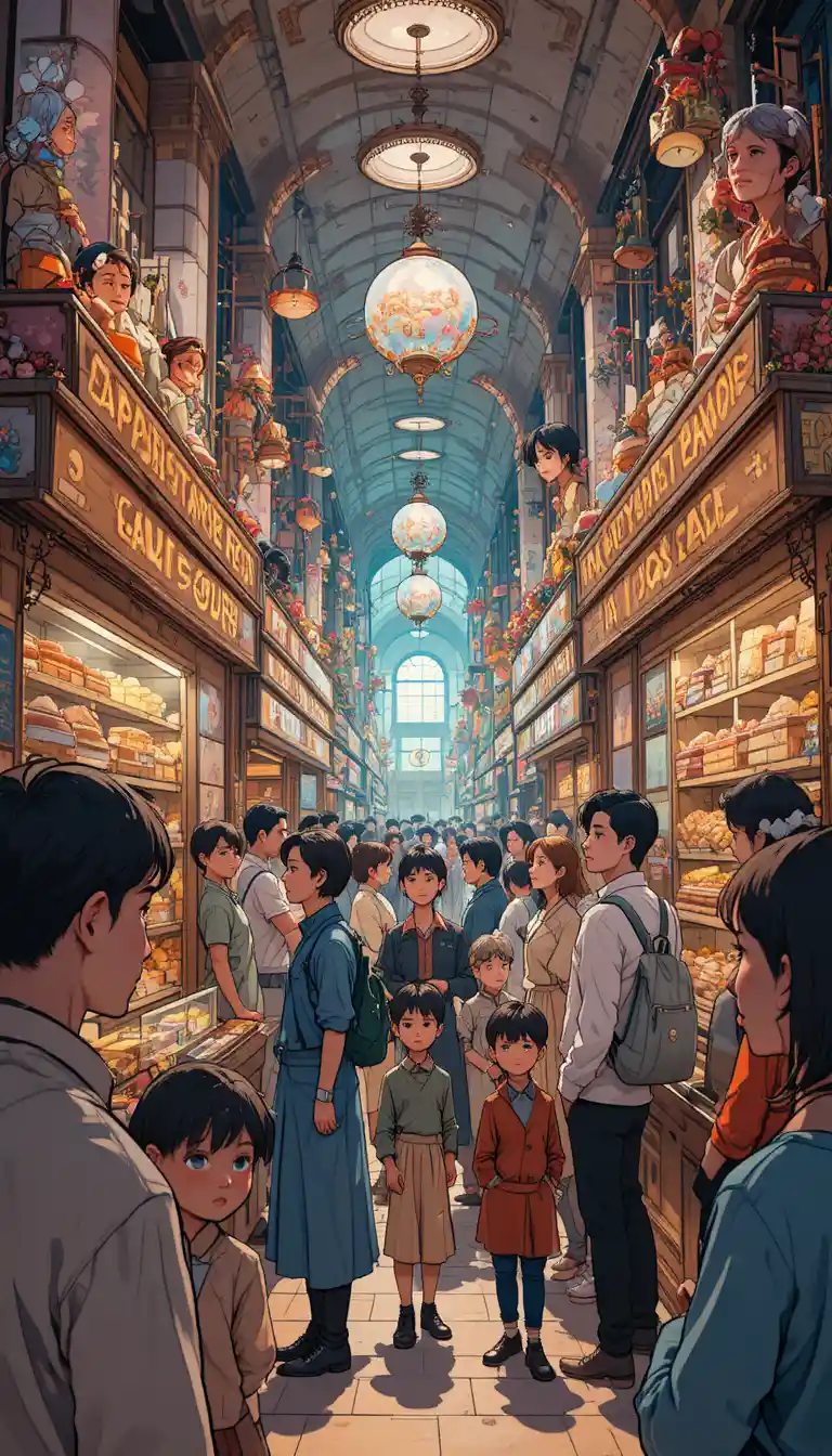 Galería de postres fantasiosa en la bulliciosa multitud de un centro comercial