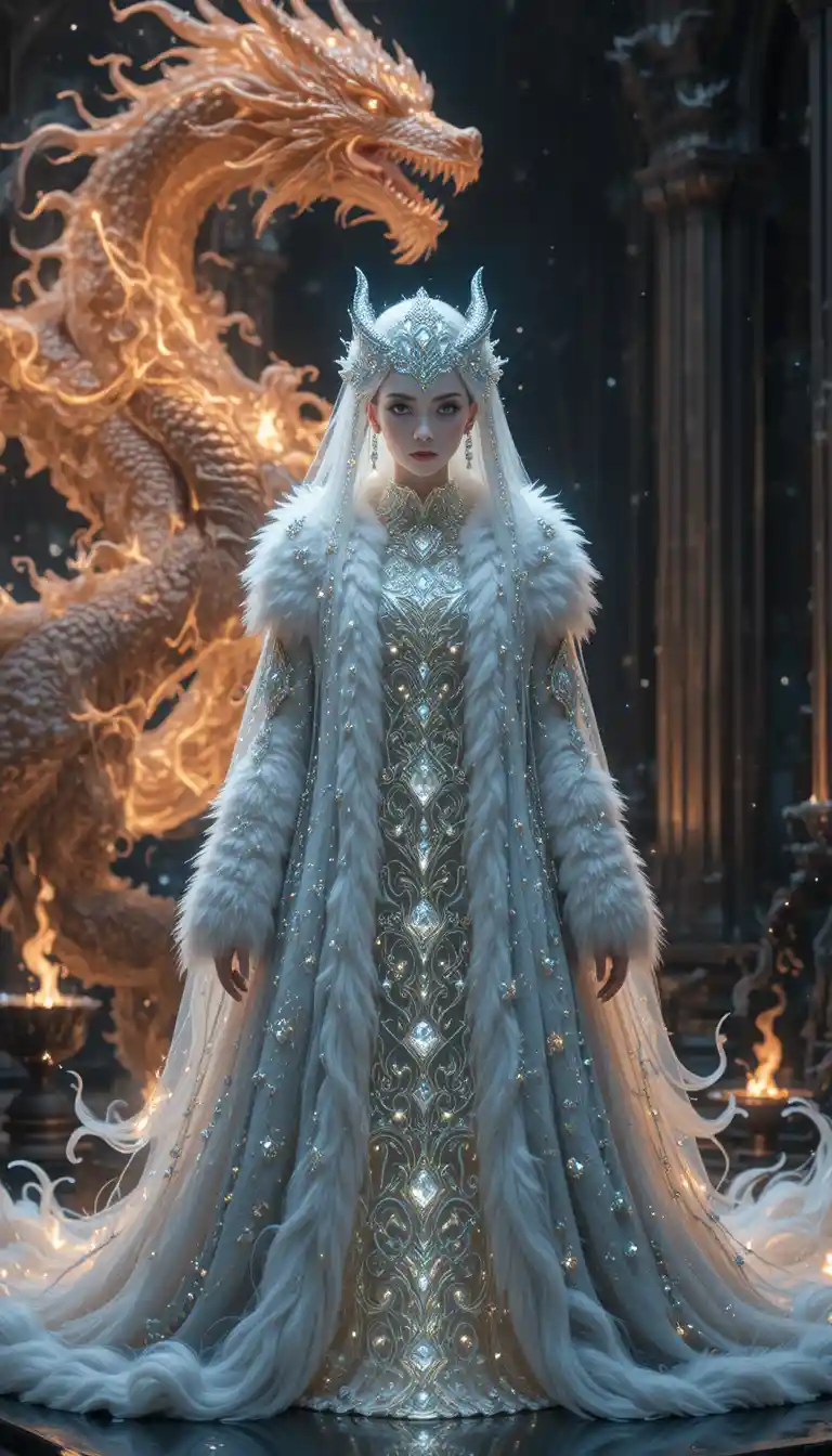 Empress In White Fur Coat Among Dragons And Diamonds