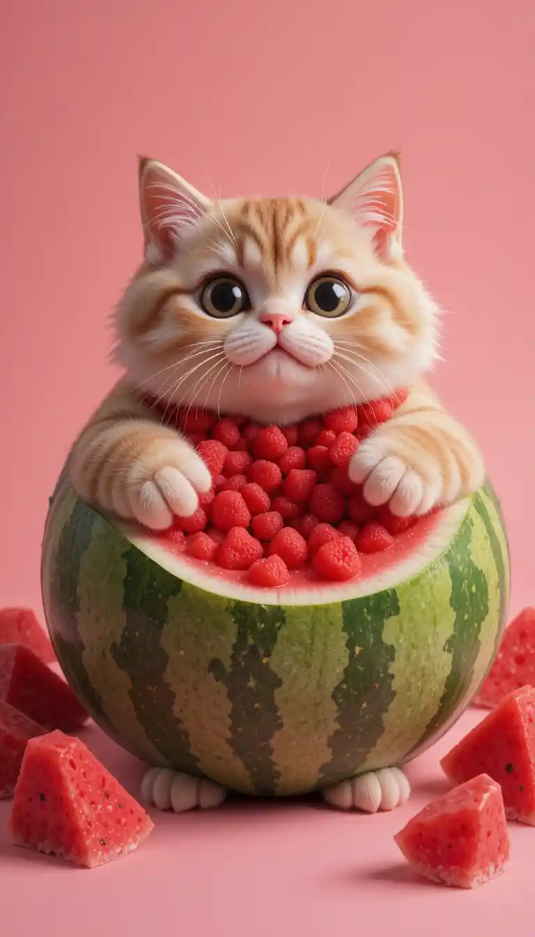 Gatto 3D sferico e carino circondato da angurie succose