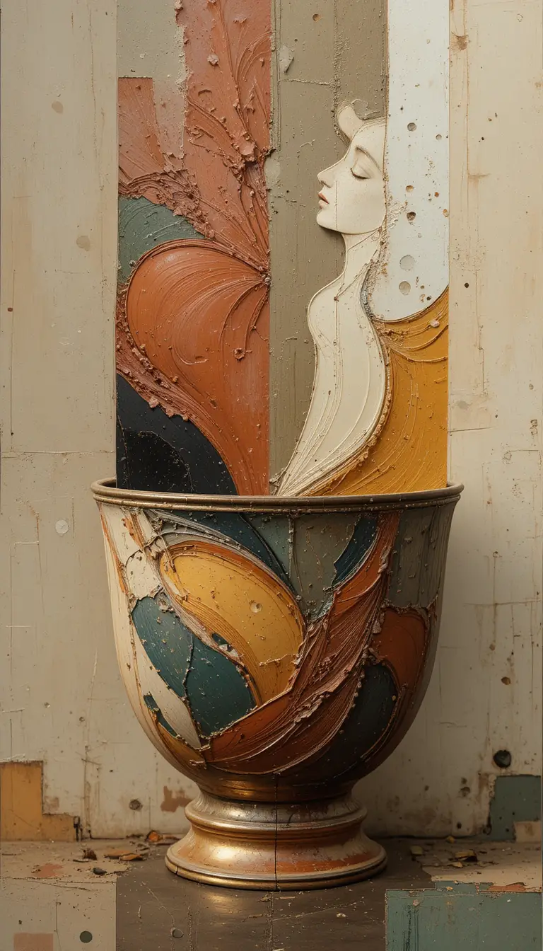 Primer plano en impasto de una taza antigua con doble exposición