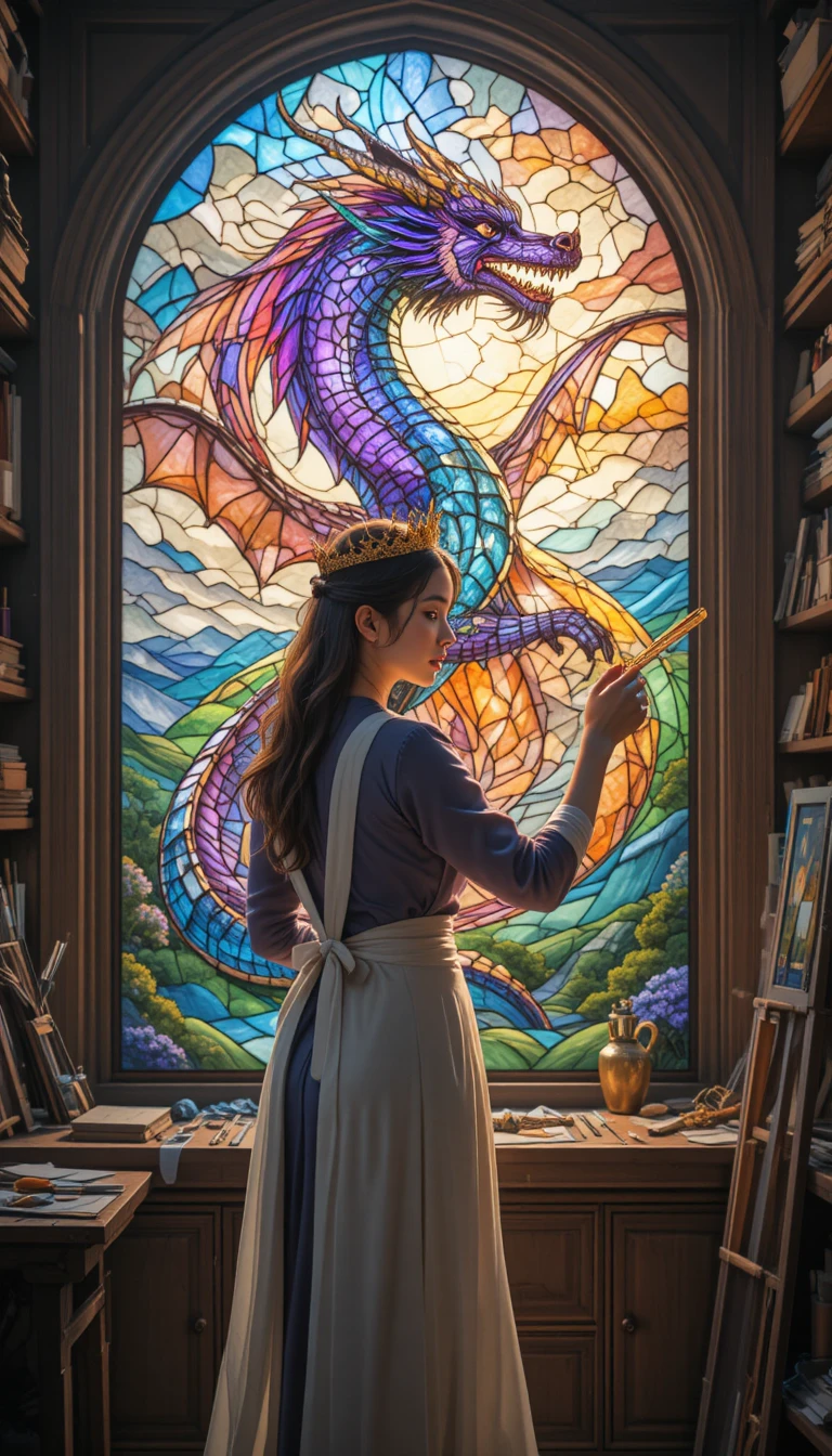 Woman artist crafting a colorful stained glass dragon window