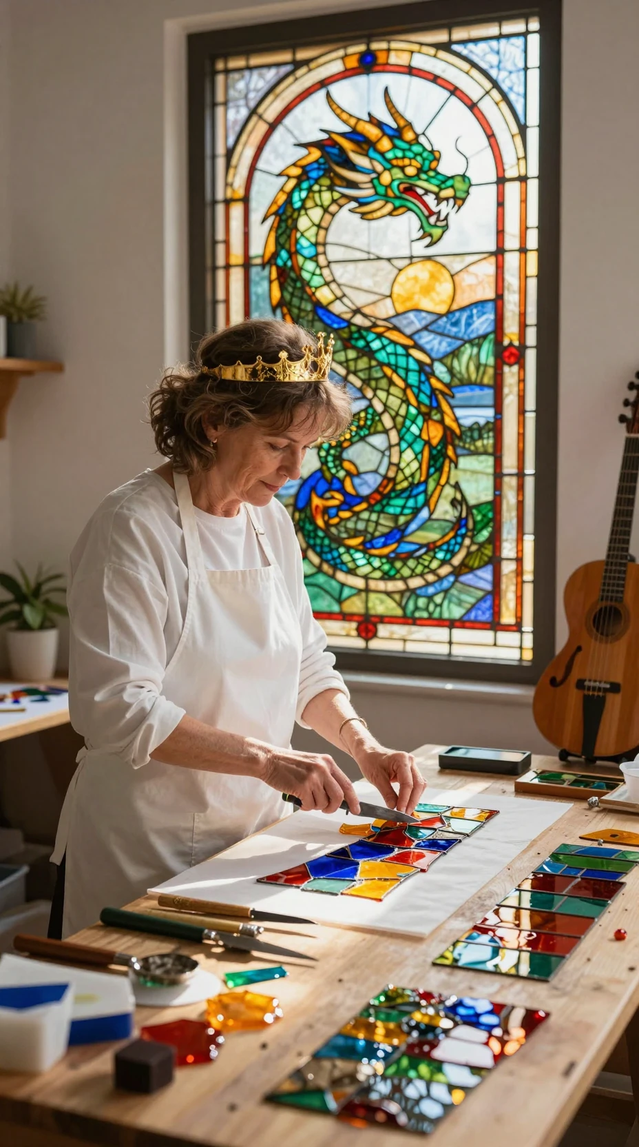 Woman crafting a stained glass dragon in a cozy workshop