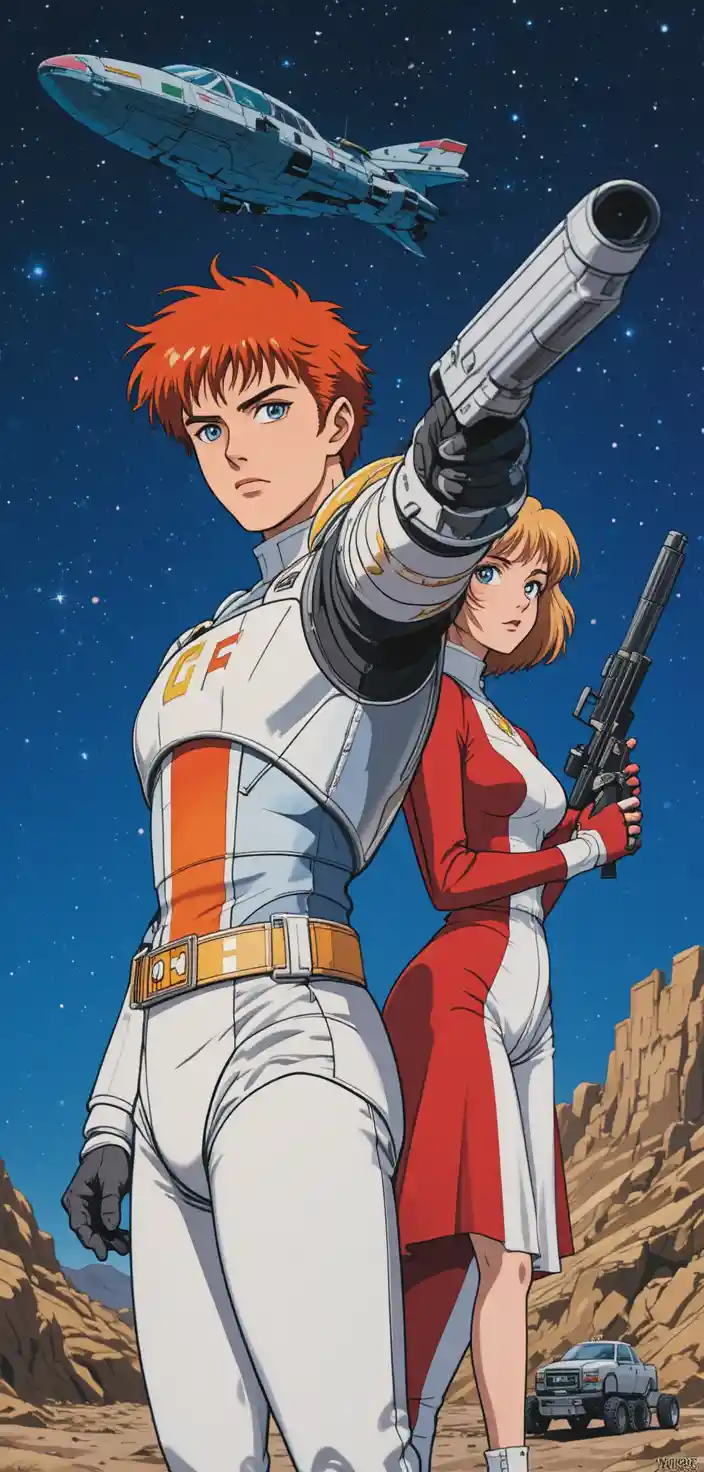 Eroi spaziali anime retrò che puntano i blaster verso lo spettatore
