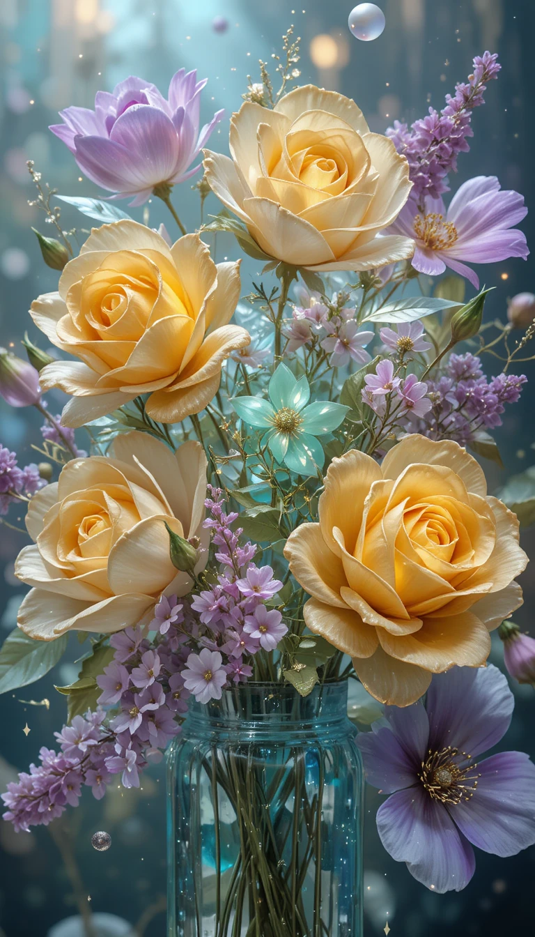 幻想的なガラスの花束と光るクリスタルフラワー