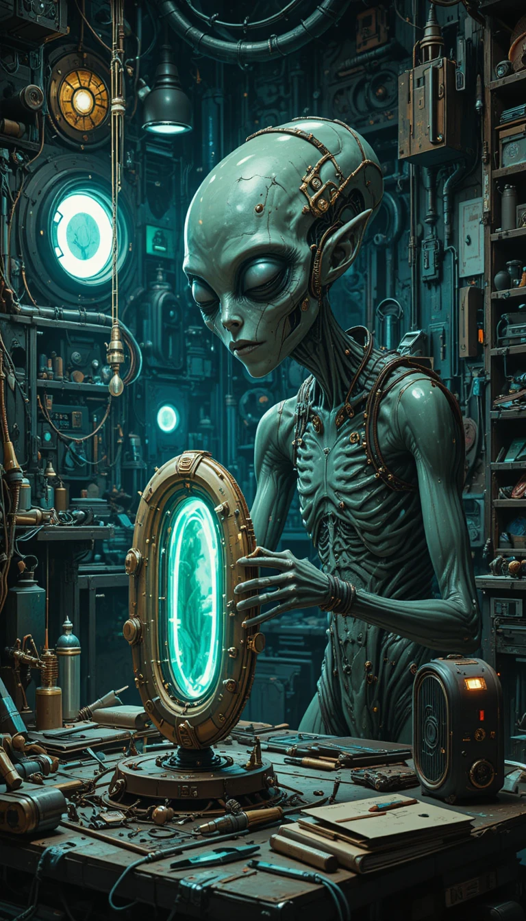 Alien engineer repairing a futuristic time travel device