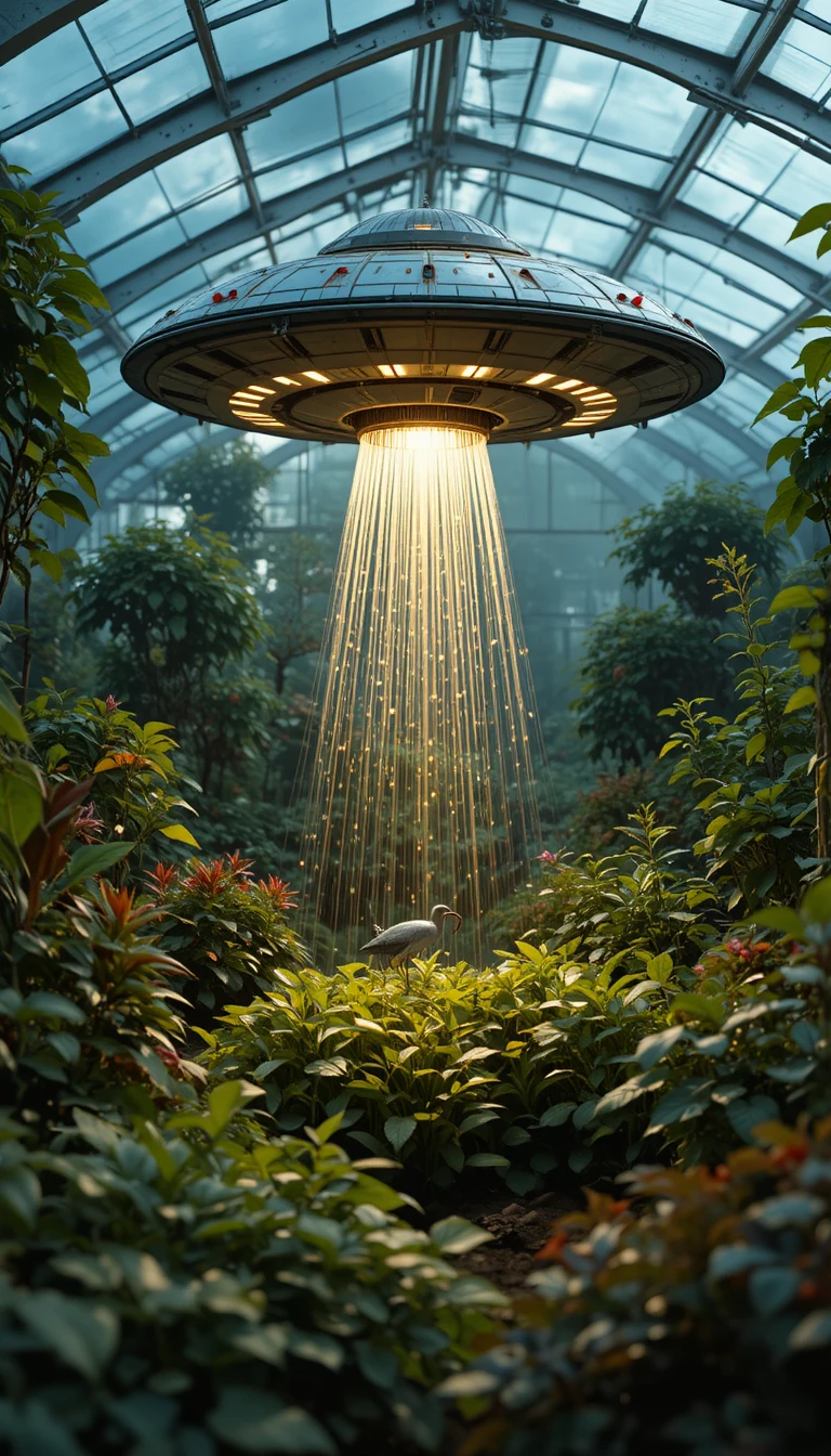 Ovni volando sobre invernadero iluminando las plantas