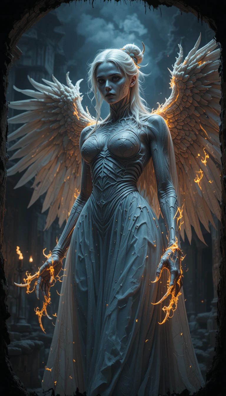 Dark fantasy harpy woman above a gothic castle hall