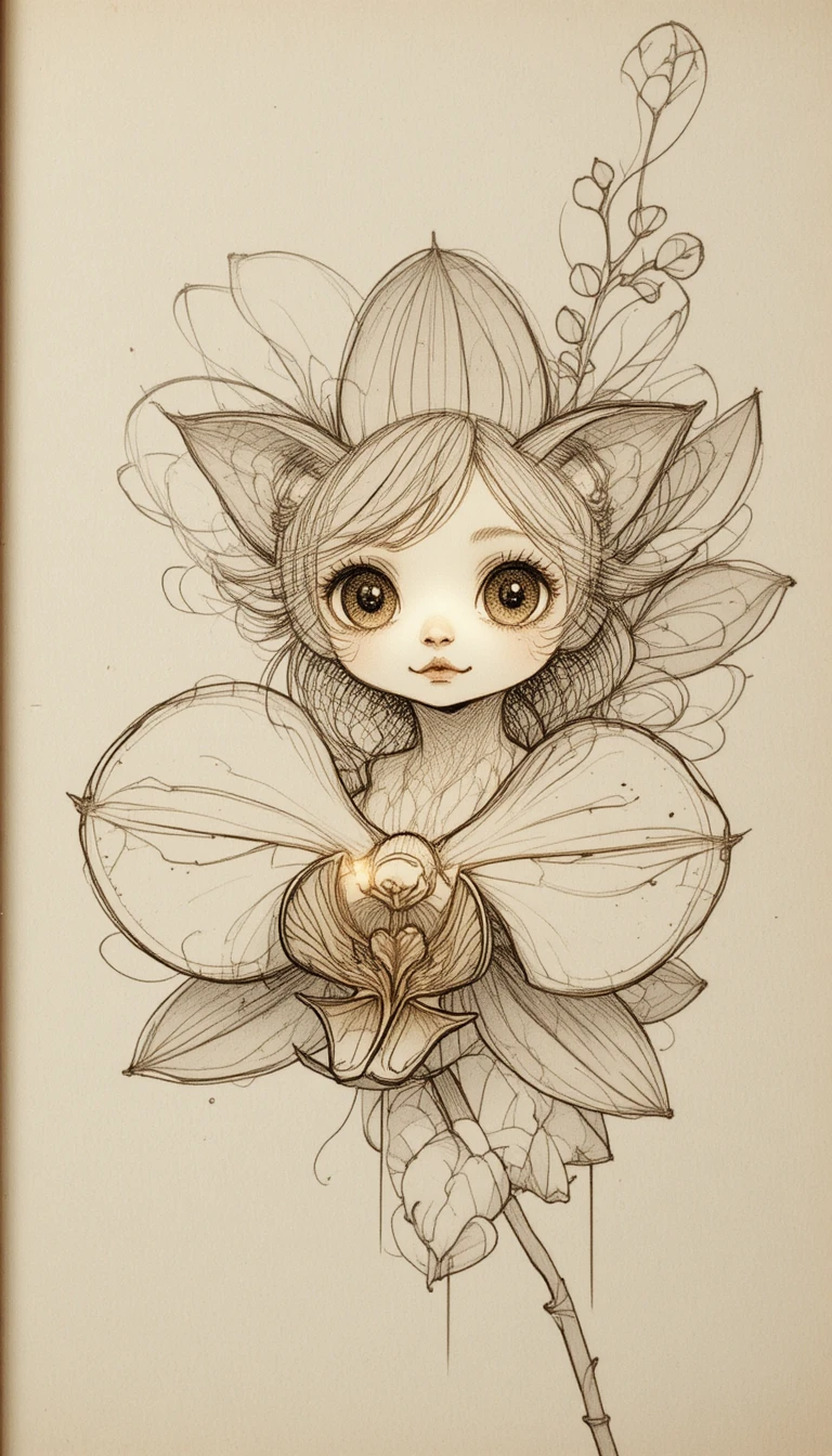 Tiny kitten resting on a large orchid flower sketch