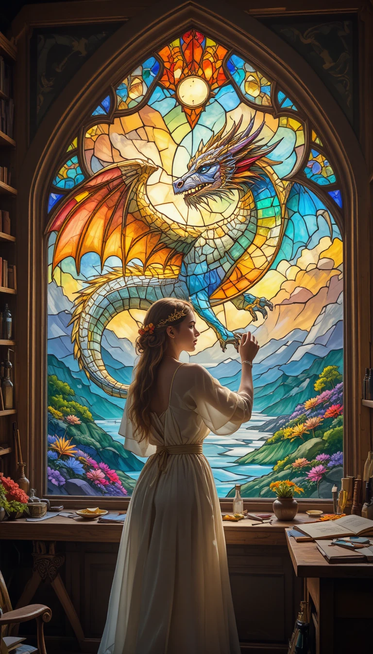 Woman crafting a stained glass dragon window in sunlight
