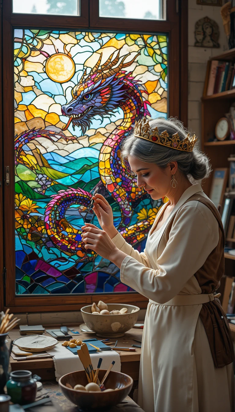 Woman crafting a stained glass dragon in sunlit studio