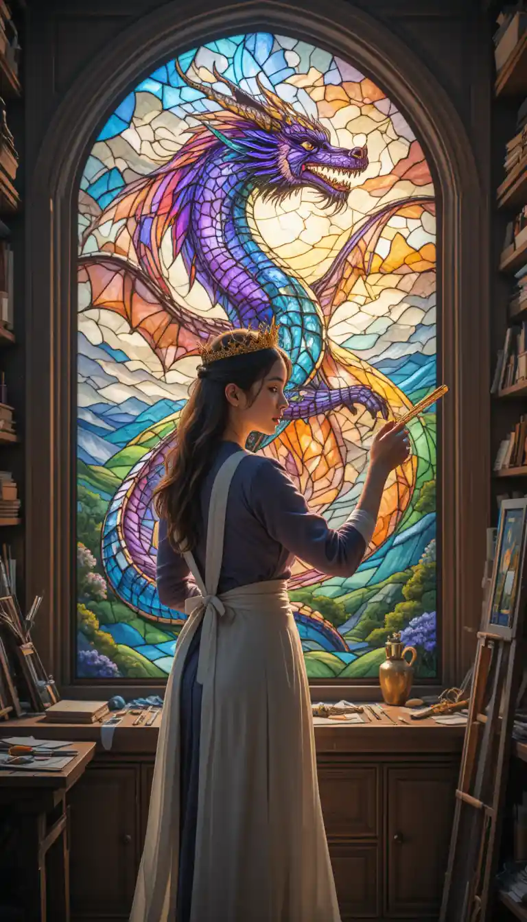 Woman artist crafting a colorful stained glass dragon window
