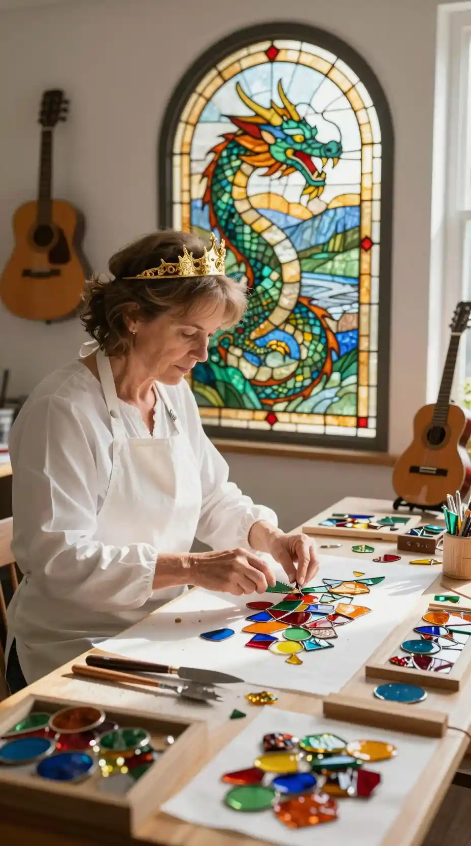 Frau gestaltet Drachen-Fenster aus Buntglas in gemütlichem Atelier