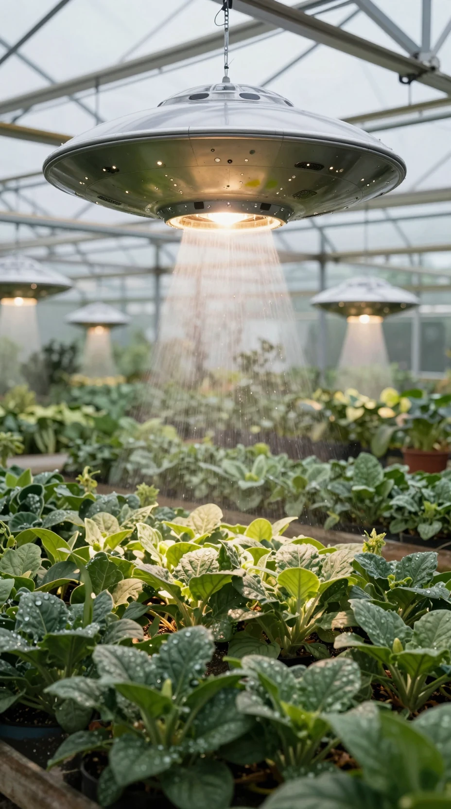 Pequeños ovnis cuidando plantas en un invernadero de jardín misterioso