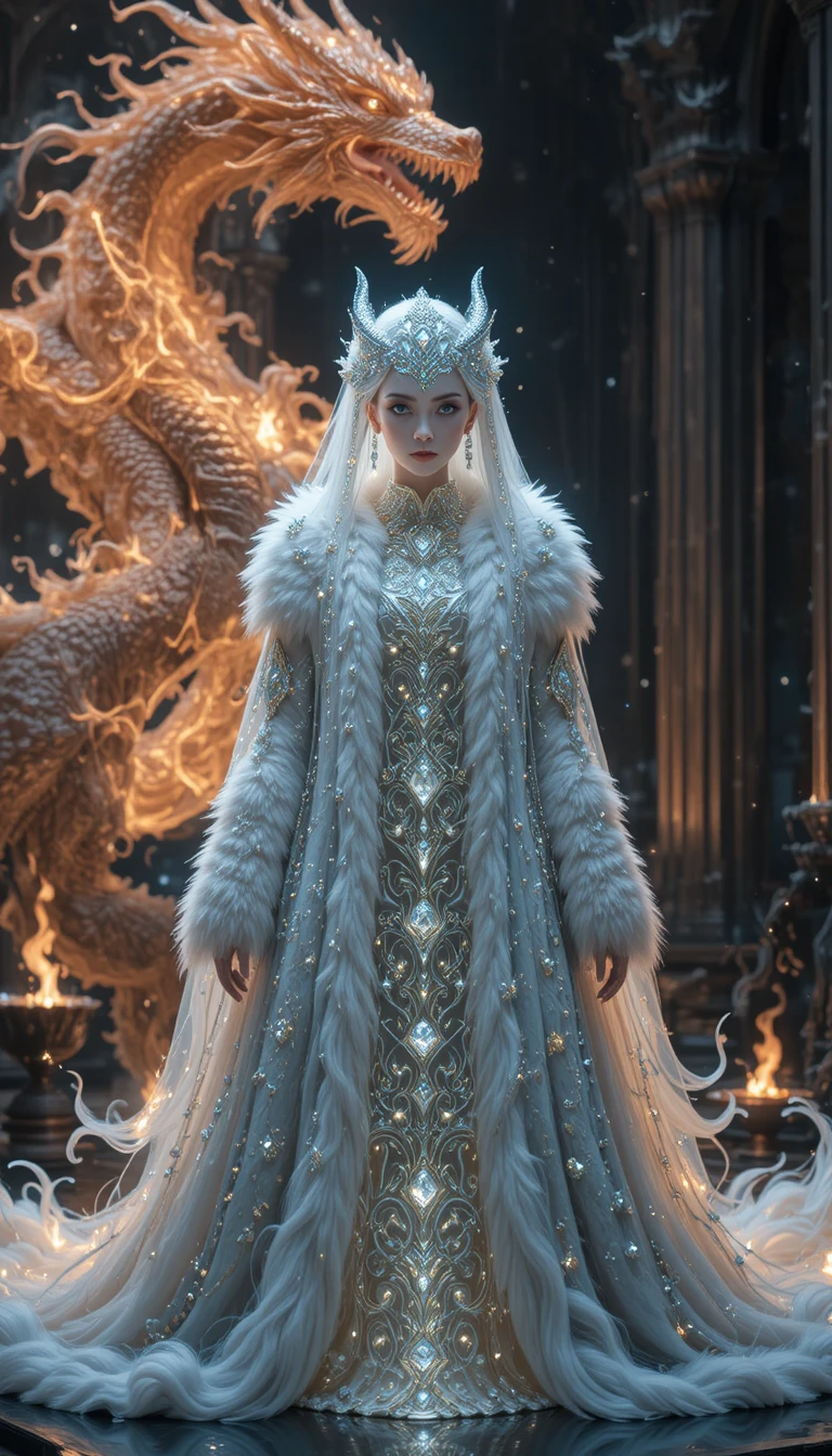 Empress In White Fur Coat Among Dragons And Diamonds