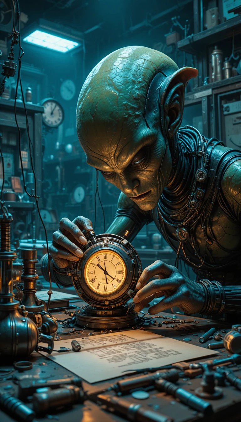 Alien repairing a glowing time device in cluttered workshop