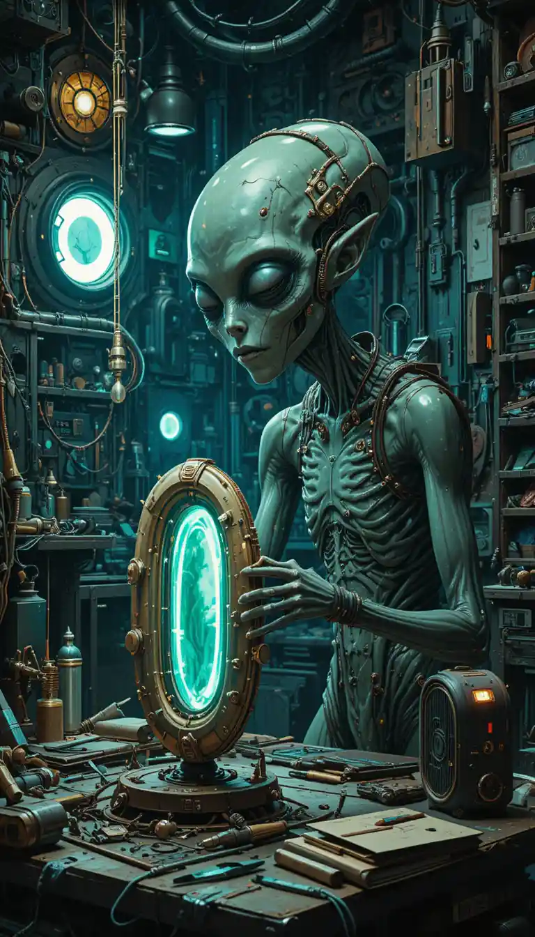Alien engineer repairing a futuristic time travel device