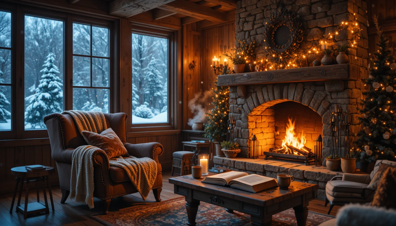Gemütliches Winterblockhaus-Wohnzimmer mit leuchtendem Kamin