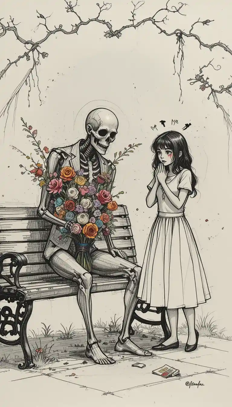 Girl shocked by skeleton on park bench with flowers