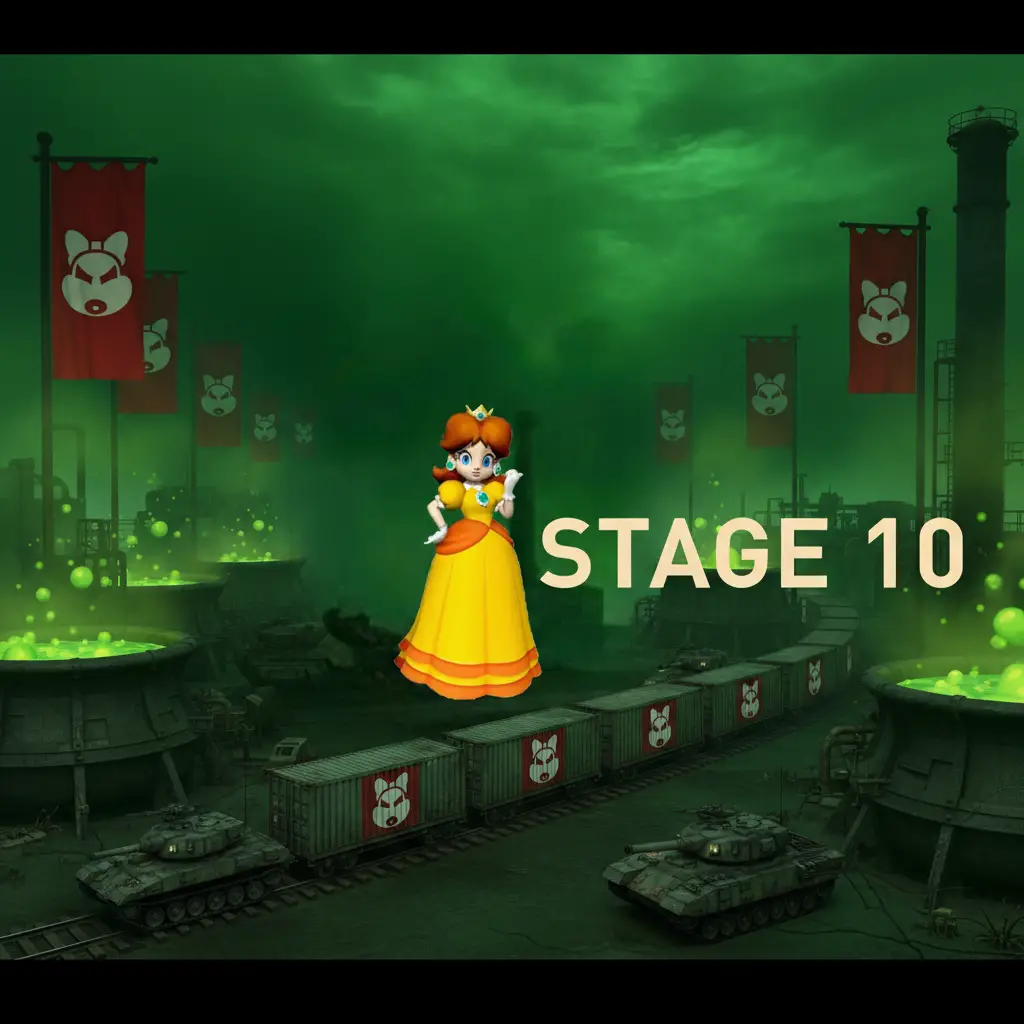 Fantasy princess on toxic factory in green wasteland