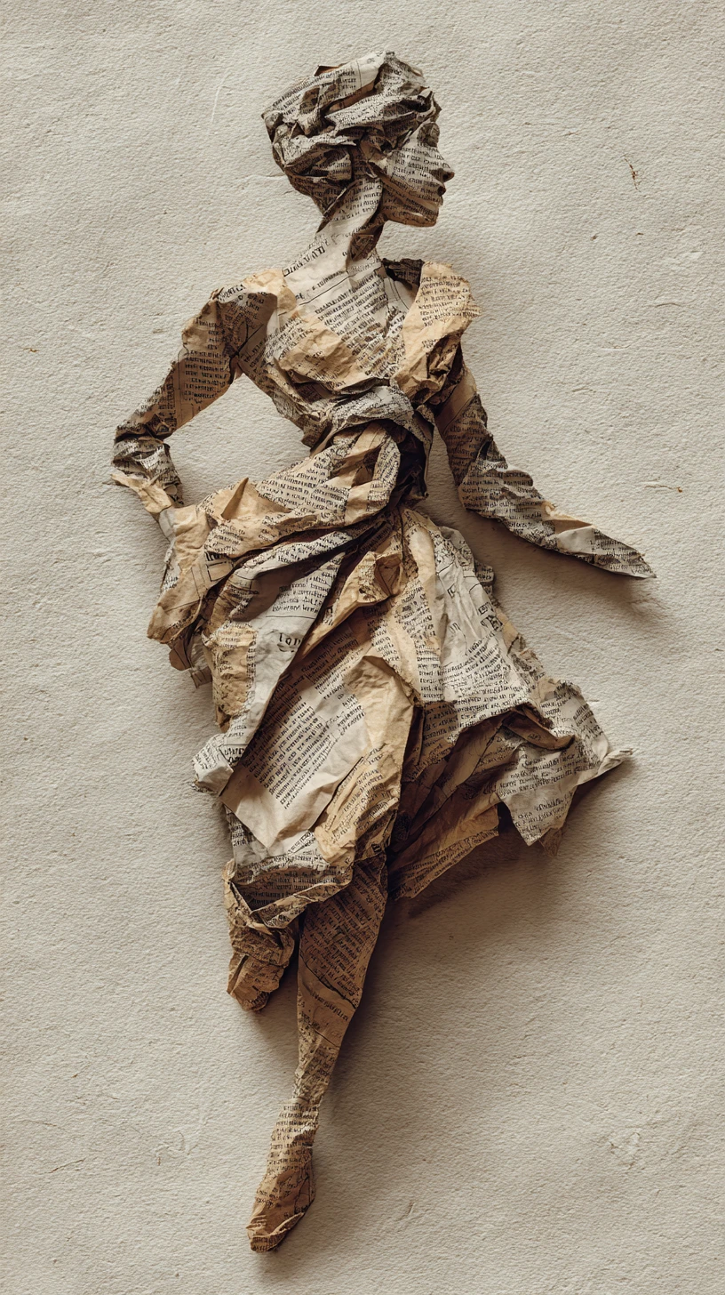 Woman Shaped From Crumpled Newspaper On Minimal Background