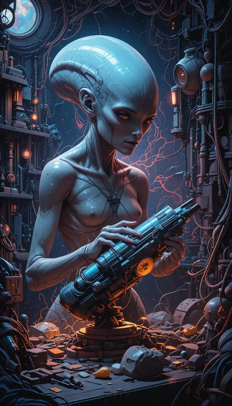 Alien repairing a futuristic time device in dark workshop