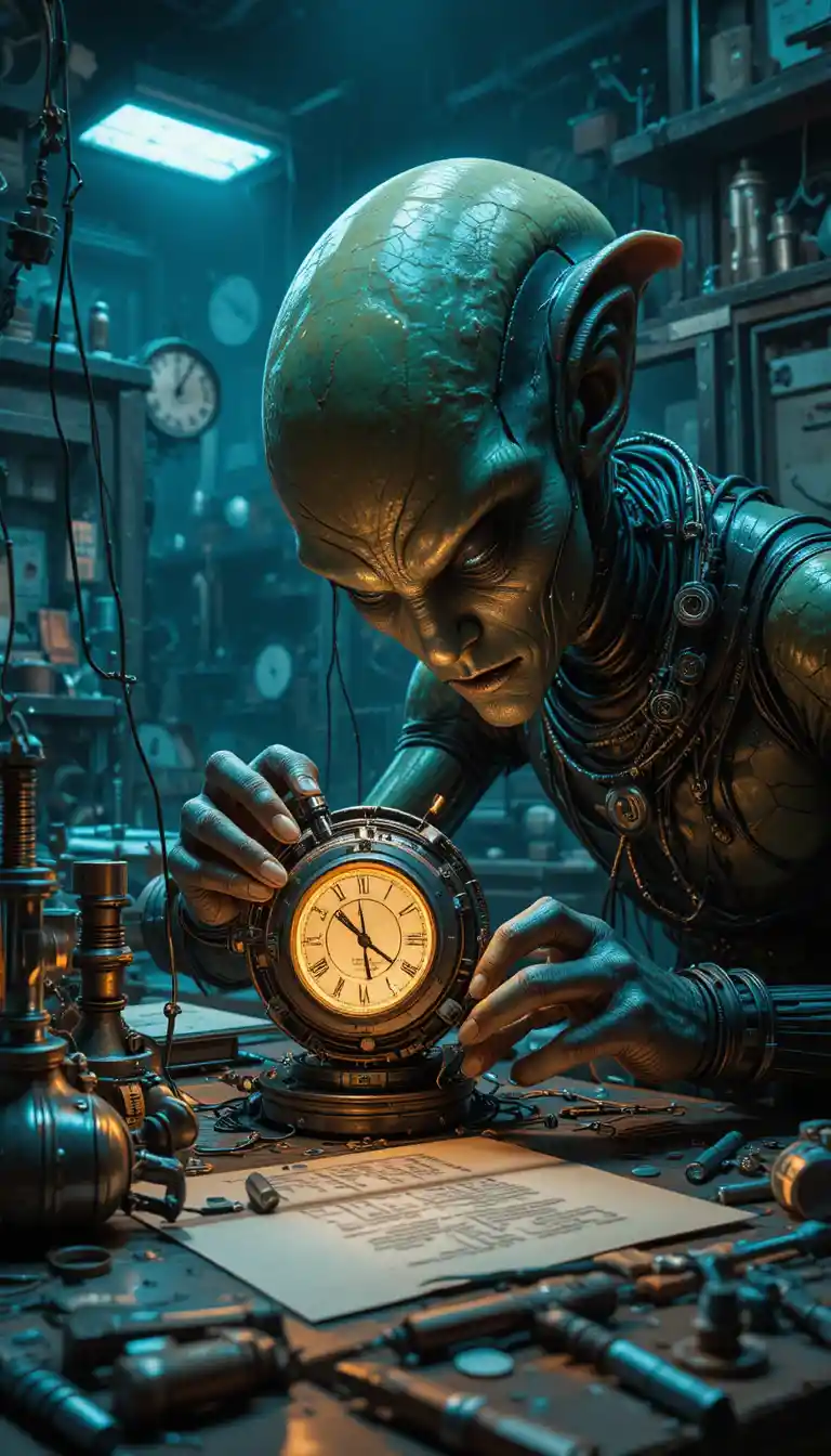 Alien repairing a glowing time device in cluttered workshop