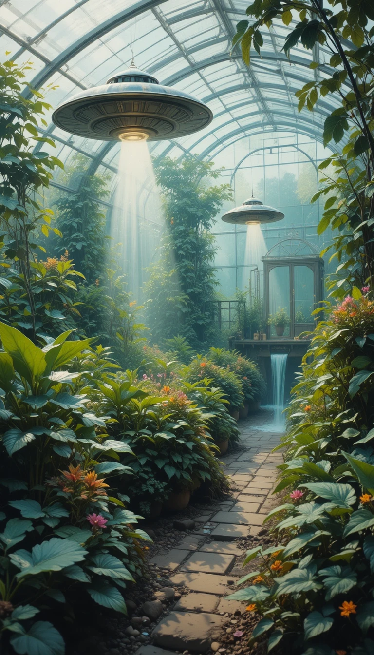 Pequeños ovnis cuidando plantas en un invernadero de jardín tranquilo