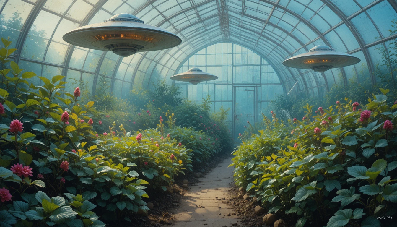 Piccoli UFO che curano le piante in un giardino serra luminoso