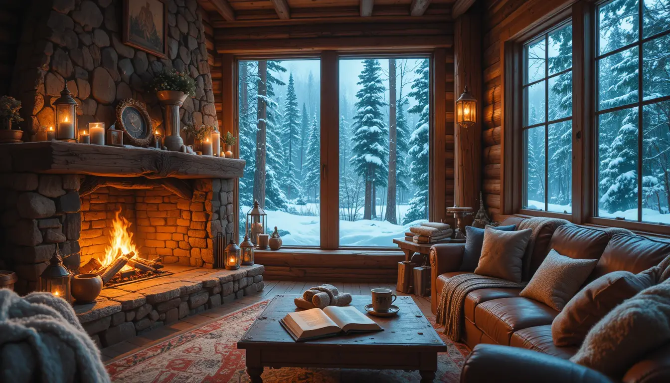 Cozy Winter Cabin Living Room With Glowing Fireplace