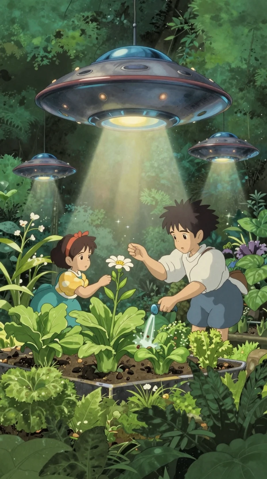 魔法溫室花園中照料植物的小型幽浮