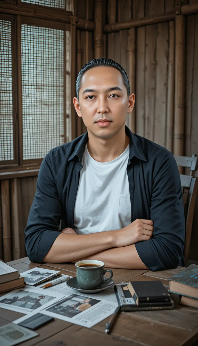 Confident man leaning on chair in rustic bamboo room