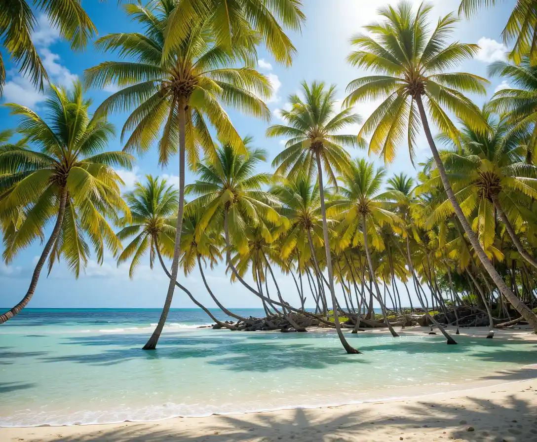 Sonniger Tropenstrand mit Palmen und türkisblauem Wasser