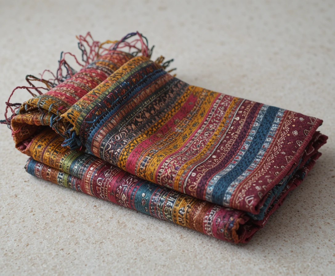 Tessuto di sarong colorato piegato con motivi tessuti intricati