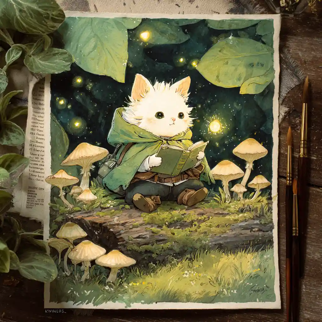 Enchanted forest cat with spellbook on mossy log