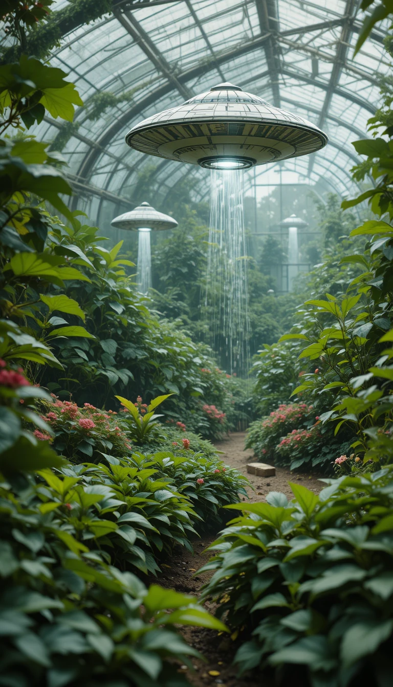 Pequeños ovnis cuidando plantas en un invernadero de jardín brillante