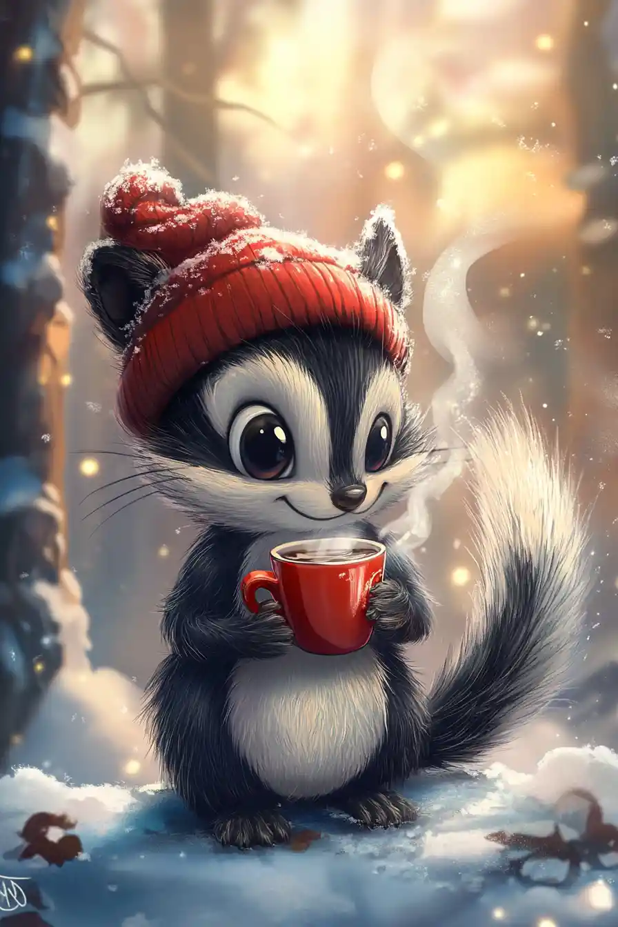 Dolce puzzola anime con caffè in una foresta innevata