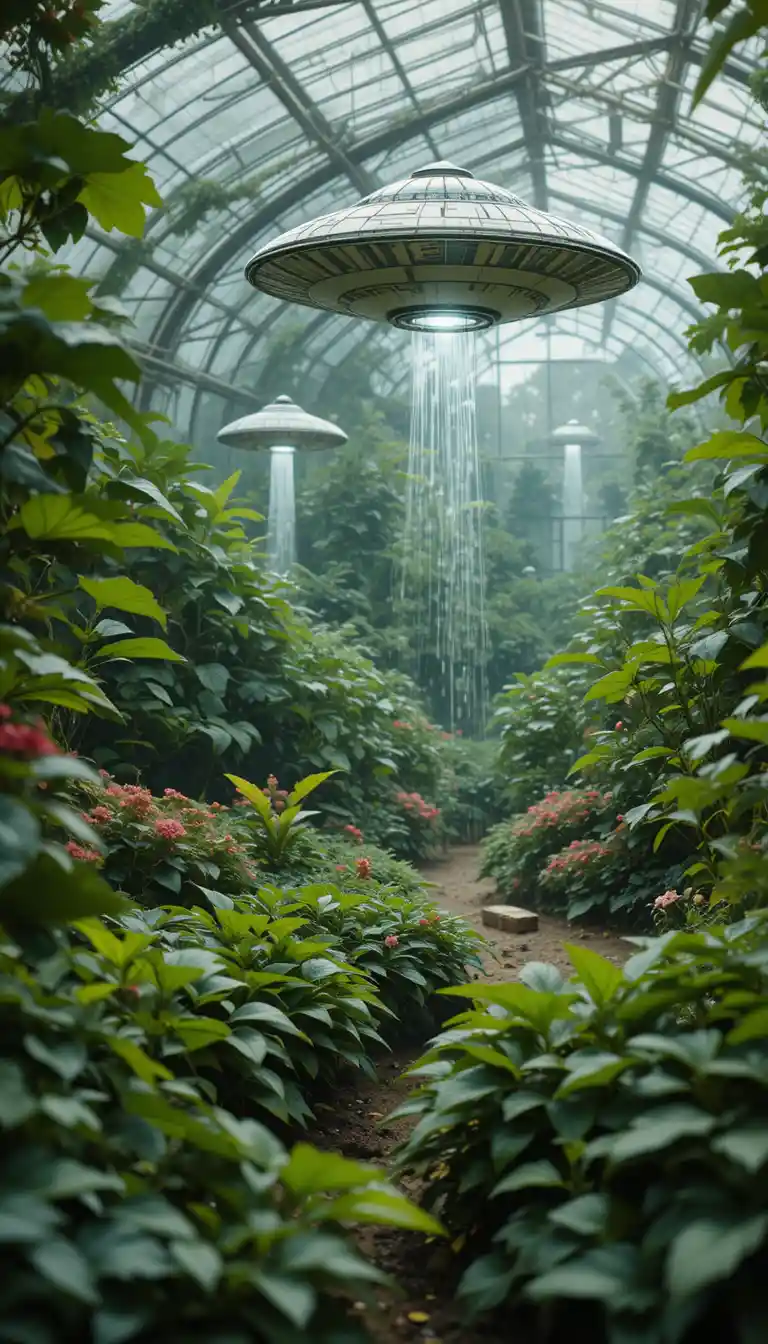小さなUFOが光る庭の温室で植物を世話する