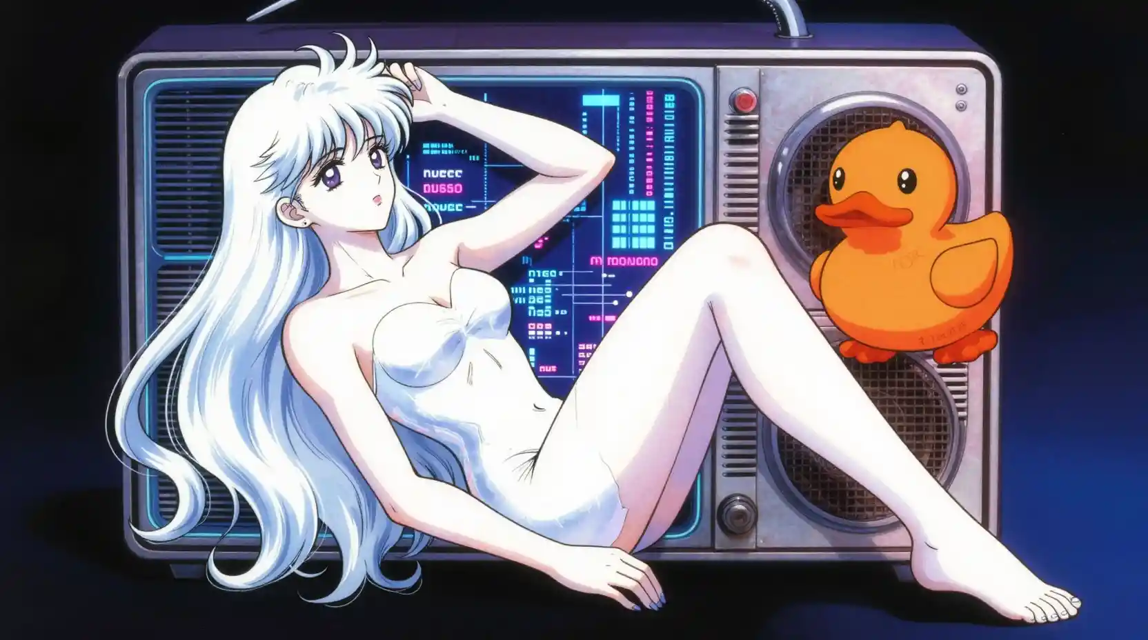 Cyborg fairy resting on neon radio in retro manga style