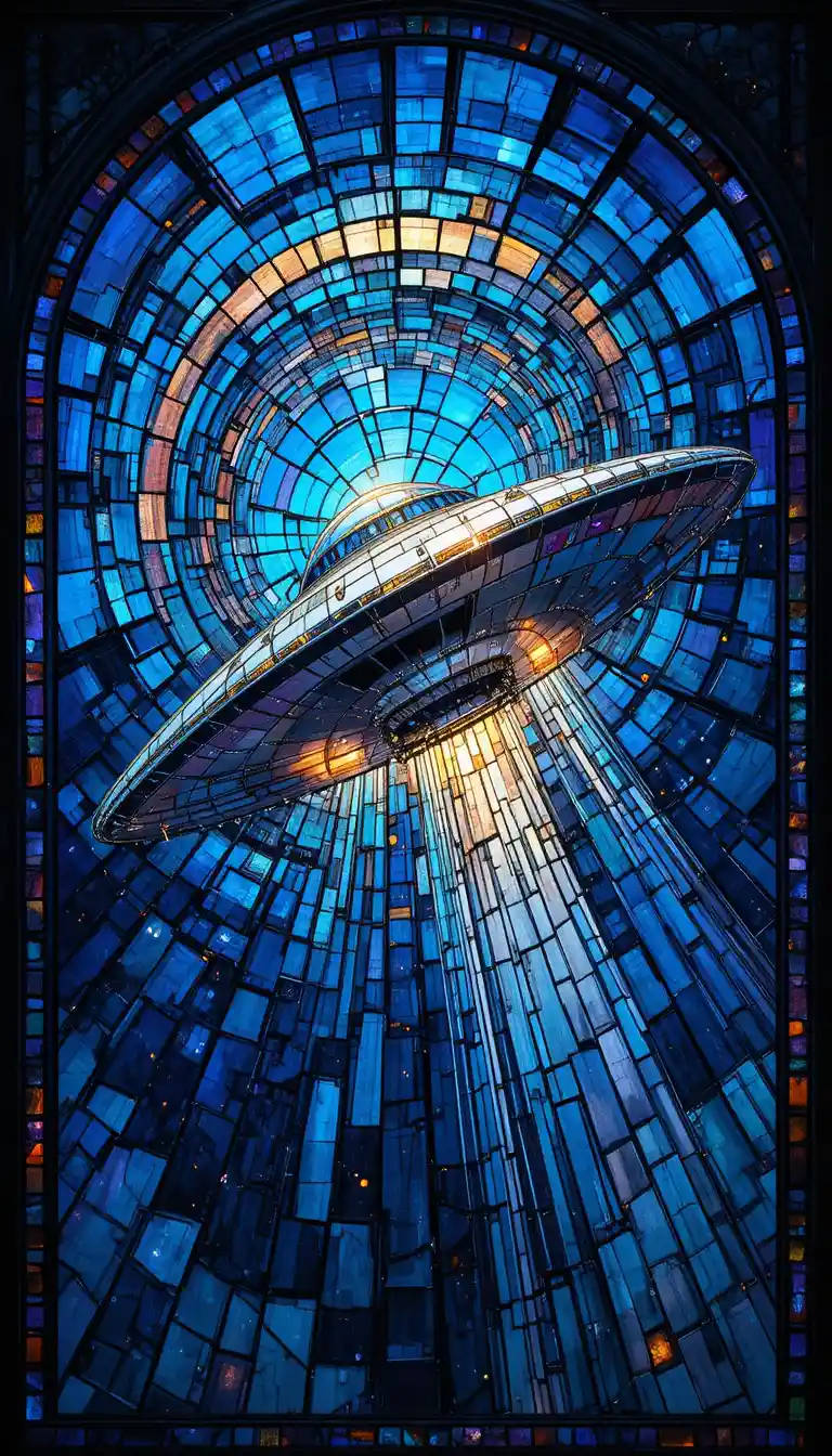 Stained glass flying saucer in deep blue night sky